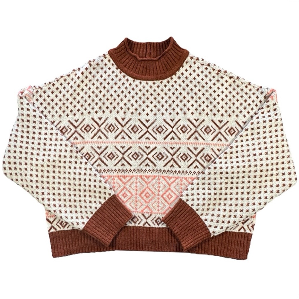 American Eagle Fair Isle Cropped Sweater XL Nordic Mock Neck Knit - Picture 12 of 13